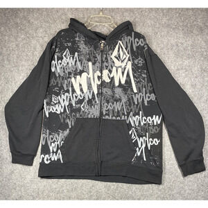 Vintage Volcom Hoodie Mens XL Black Gray Zip Up All Over Logo Skate Streetwear